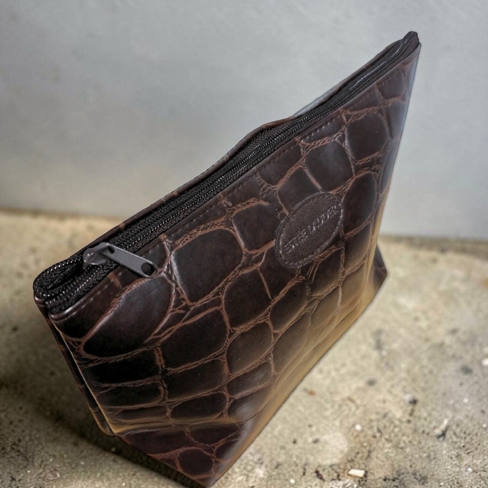 Estee Lauder Brown Faux Croc Cosmetic Makeup Bag Embossed Travel Clutch - Picture 5 of 9